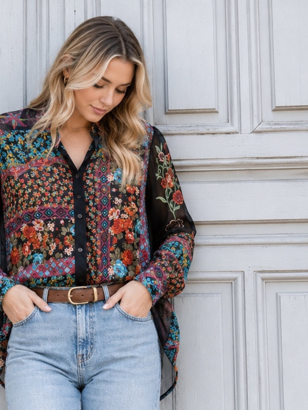 Avani Del Amour Embroidered Sheer Patchwork Floral Tunic Blouse Boho Artsy